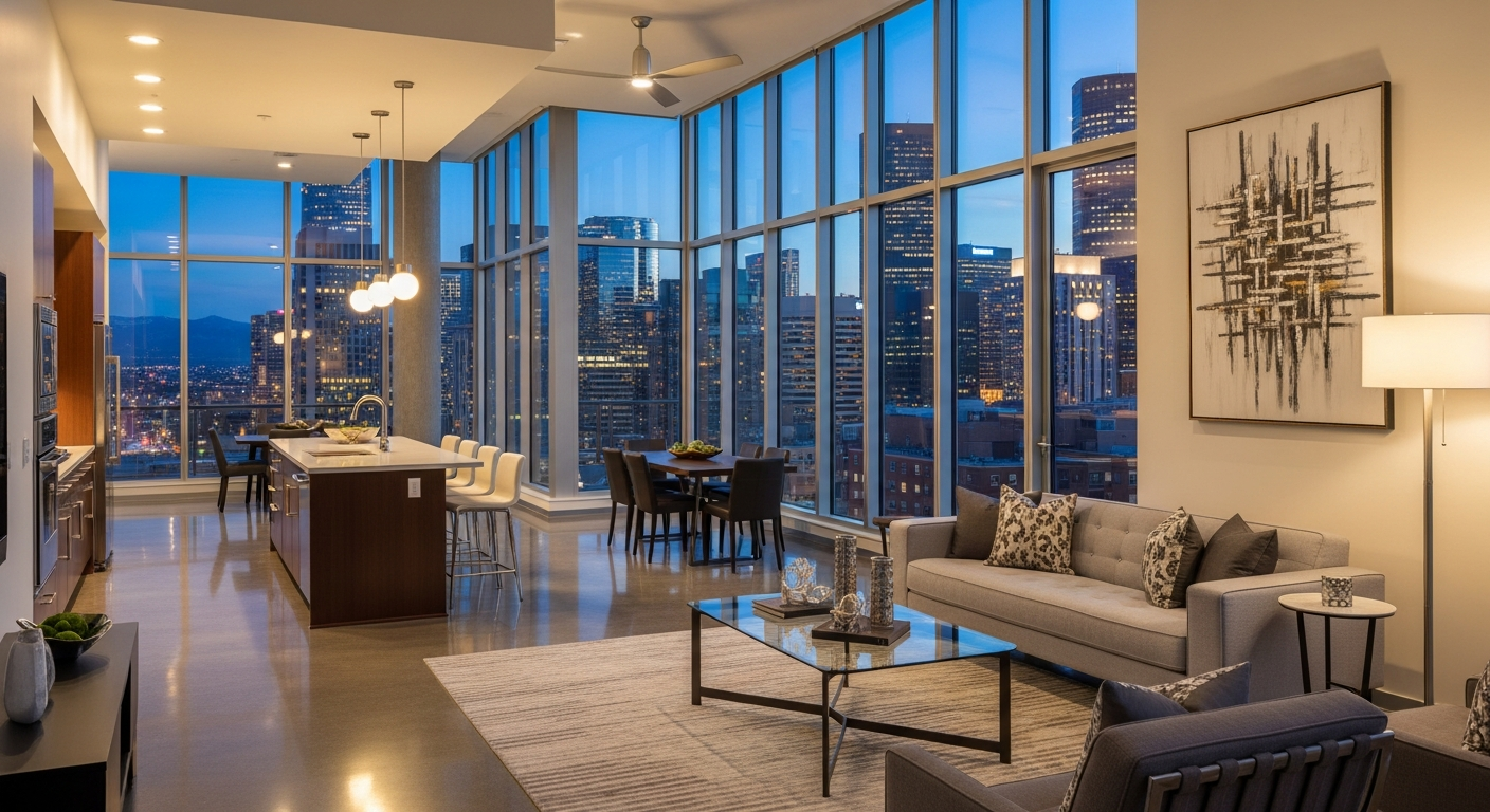 Sleek modern Denver loft interior with downtown skyline views and contemporary luxury furnishings